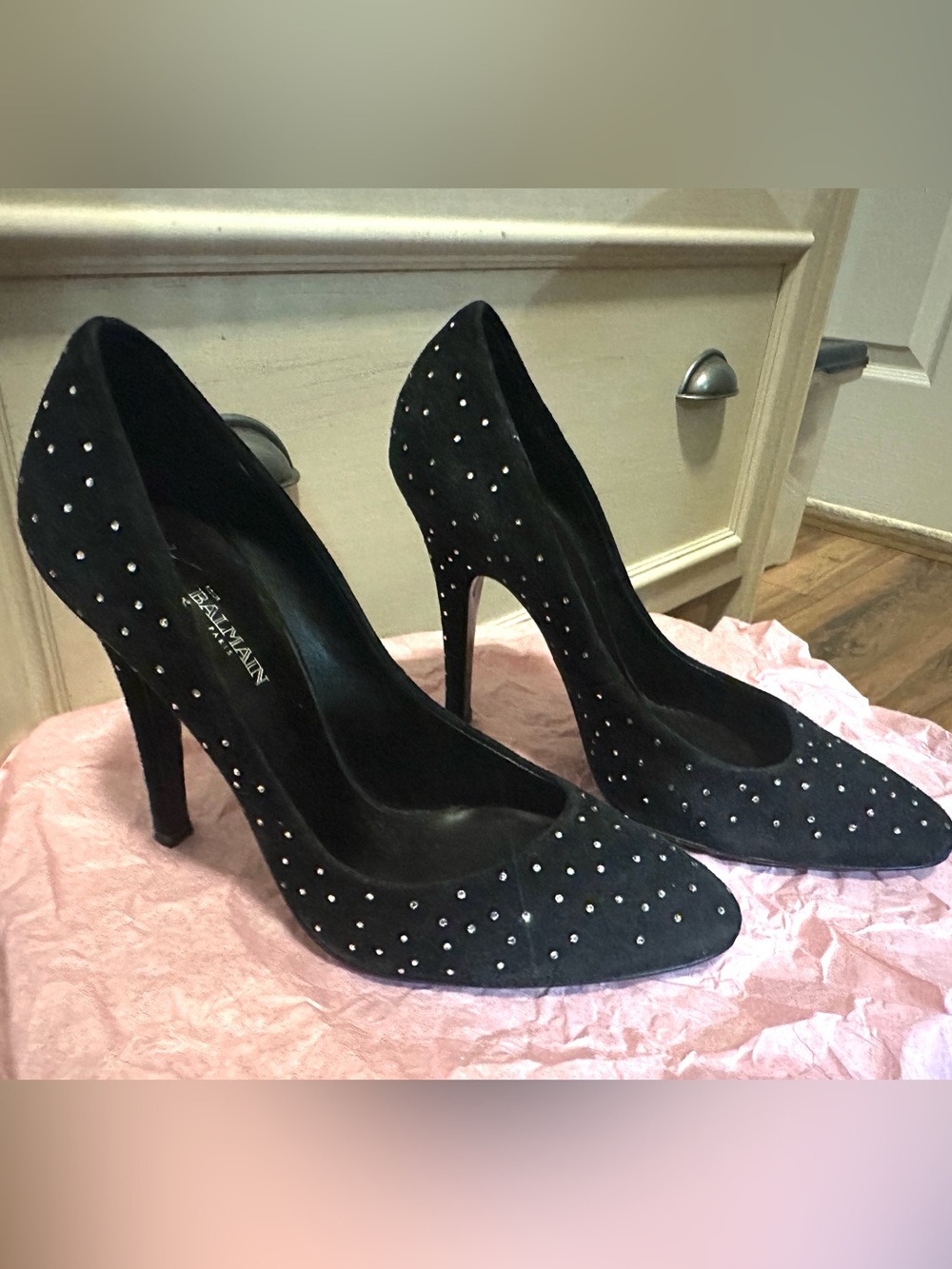 Balmain Black Suede Crystal-Stud High Heel Pumps. Shoes Size 6.5 inches